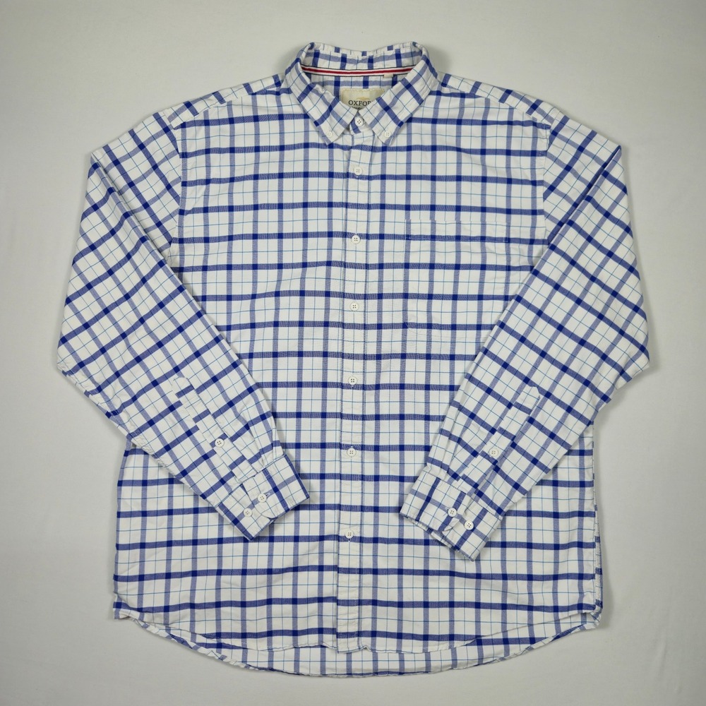 Oxford Mens Luxury Collection XL Button Up Shirt Blue White‎ Plaid Long Sleeve
